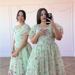 JessaKae Mint Floral Puff-Sleeve Midi Dress